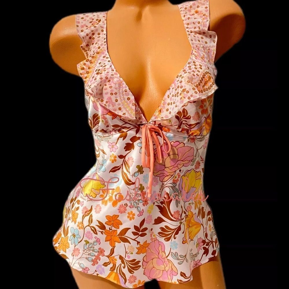 Victorias Secret Silky Supersoft Satin floral ruffle cami tank pajama top